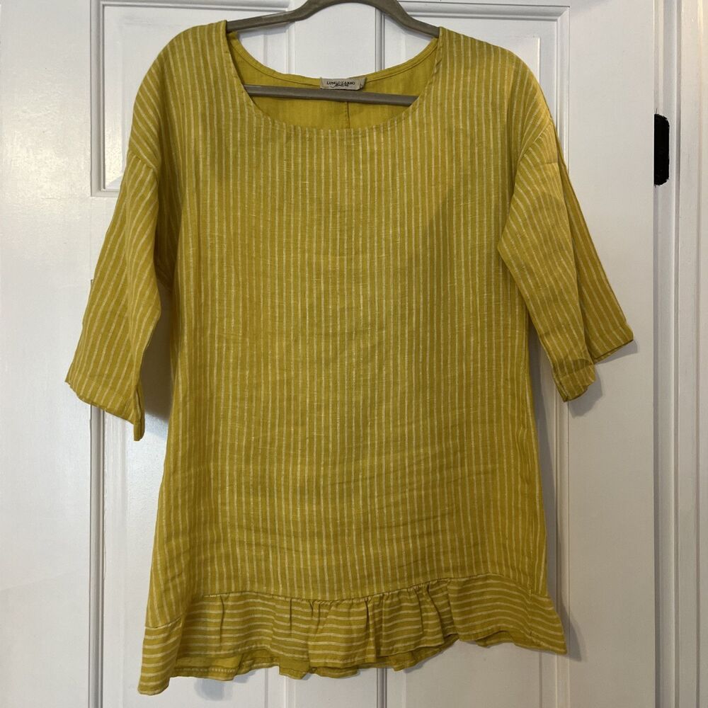 Lungo L'Arno Linen Tunic Top Womens Small Mustard Yellow Striped Italy Lagenlook